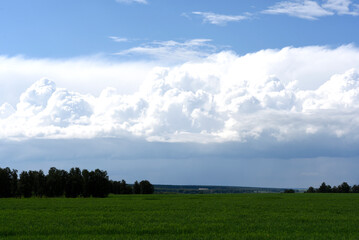 Thunderclouds on the background of a green field. A stormy landscape in the countryside.