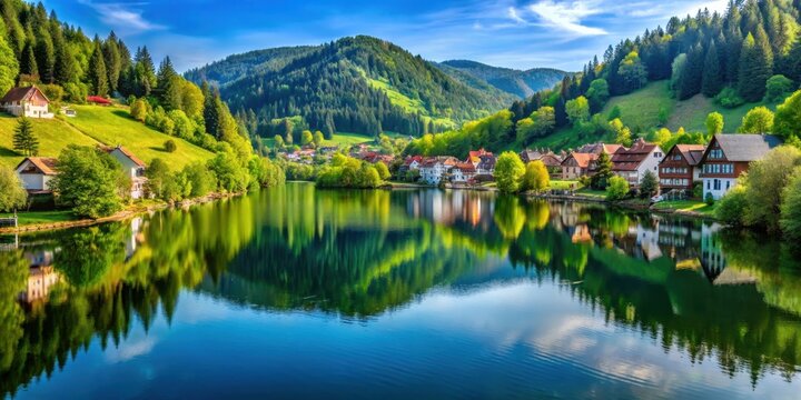 Beautiful lake in the Black Forest surrounded by lush greenery and quaint villages, Titisee, Germany, Black Forest, Lake