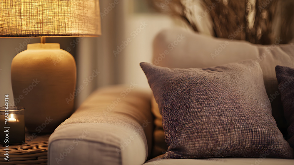 Poster a cozy interior setting featuring soft pillows and an elegant lamp creating a warm atmosphere for re