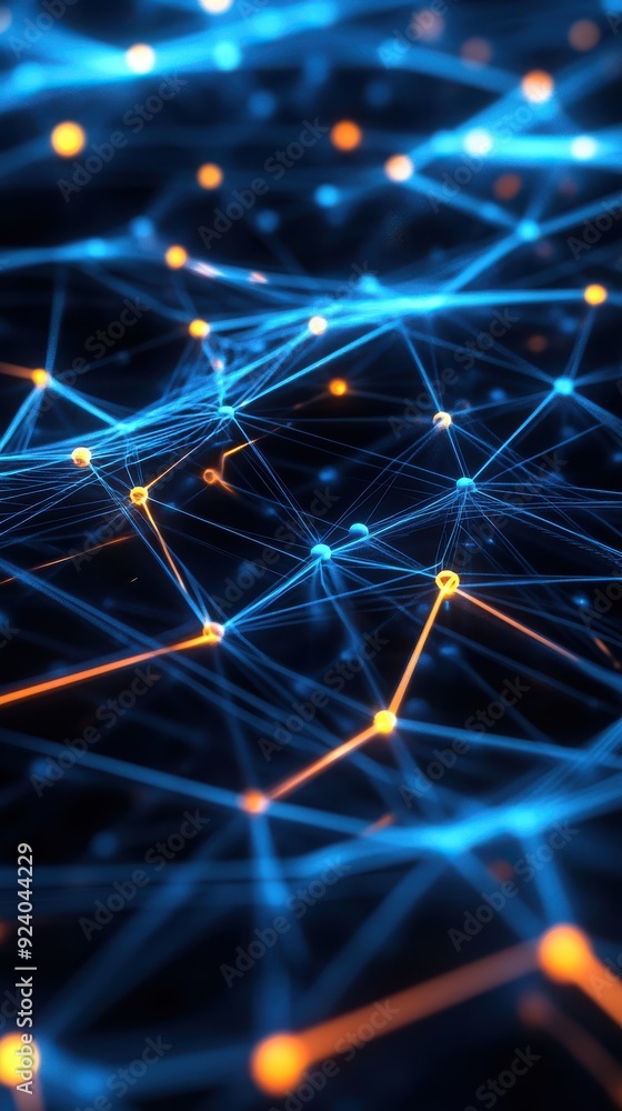 Poster a seamless 3d loop of a futuristic digital network with interconnected nodes and glowing data stream