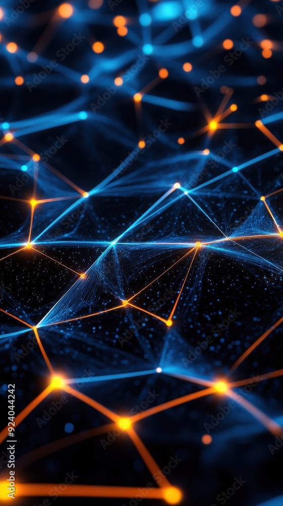 Poster a seamless 3d loop of a futuristic digital network with interconnected nodes and glowing data stream