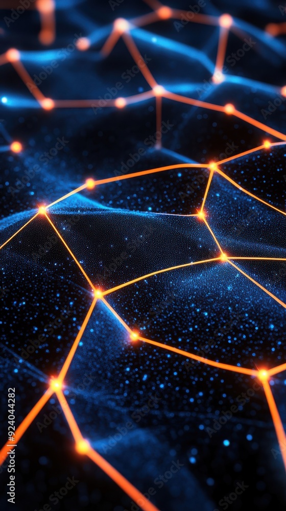 Poster a seamless 3d loop of a futuristic digital network with interconnected nodes and glowing data stream