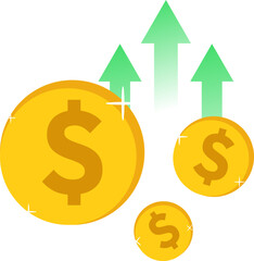 Money investment concept with golden dollar coins and arrows going up, colorful finance vector design.