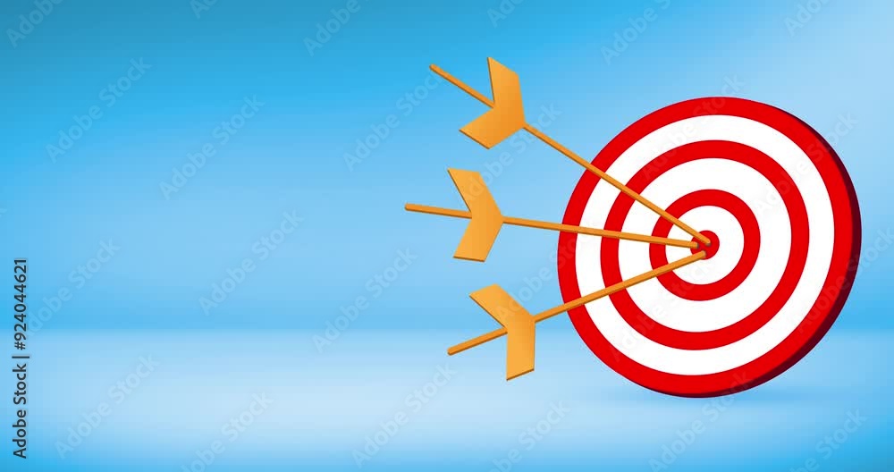 Poster red board with arrows hitting on the empty copy space with a spotlight in the center, blue backdrop.