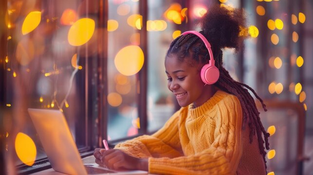 The girl with pink headphones