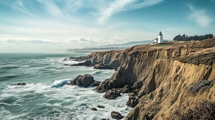 Lighthouse on a Cliff with a Rocky Coastline and Blue Sky