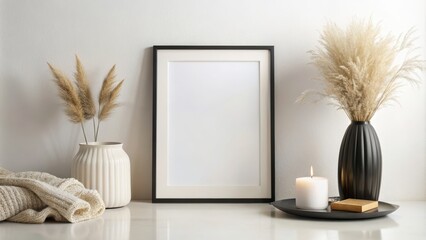 Black poster frame and accessories decor on cozy white interior background, black, poster frame, accessories, decor, cozy