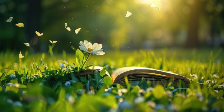 Small beautiful flower nestled in an open book on grassy park on a sunny day pages fluttering in the wind