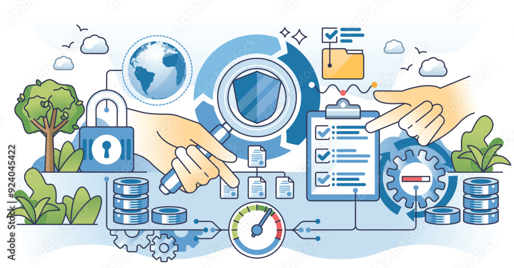 Poster security lifecycle review or slr for security risks outline hands concept. privacy protection manage