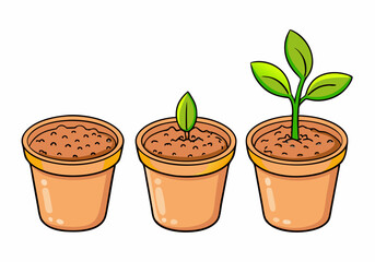 Flowerpot with potting soil, sprout and green plant isolated. Gardening, seedling growth