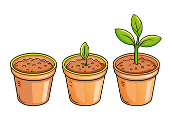 Flowerpot with potting soil, sprout and green plant isolated. Gardening, seedling growth