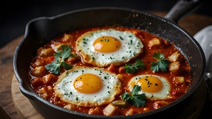 Shakshuka food photos from above, in the opulent Michelin kitchen style with studio lighting.