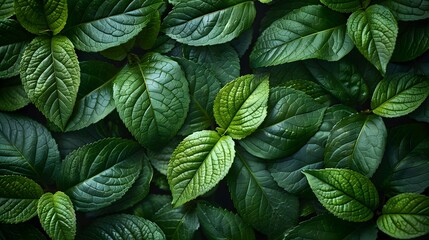 Lush Green Leaves of Various Shapes and Textures Laying in Natural Arrangement in a Garden Setting