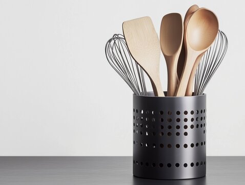Stylish metal utensil holder with holes on the side, holding kitchen tools like wooden spoons and whisk on a black table against a white wall.