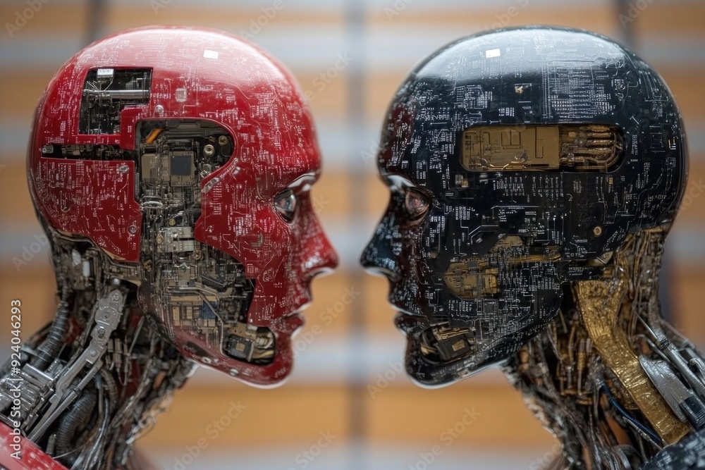 Aufkleber two humanoid robots face each other, displaying intricate circuitry and contrasting colors