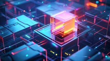 Obraz premium Abstract Neon Grid with Glowing Cube