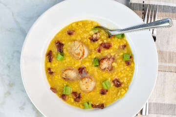 seared scallops  with  cream corn , bacon and scallions.