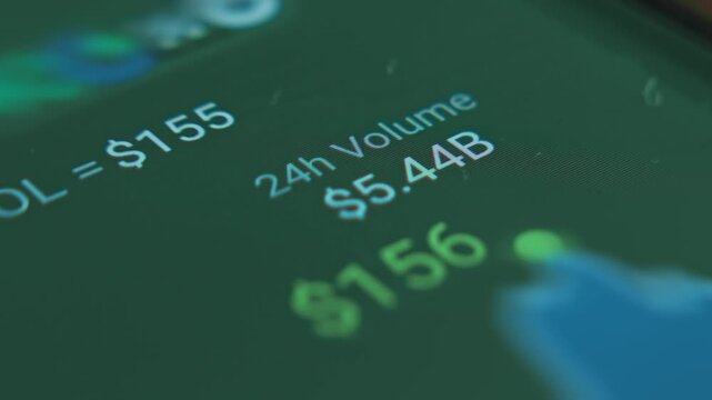 Finger touches the Solana sign in a bubble on a smartphone screen, macro view