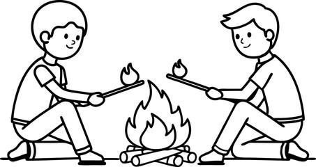 Children Roasting Marshmallows Over a Campfire Line Art Illustration