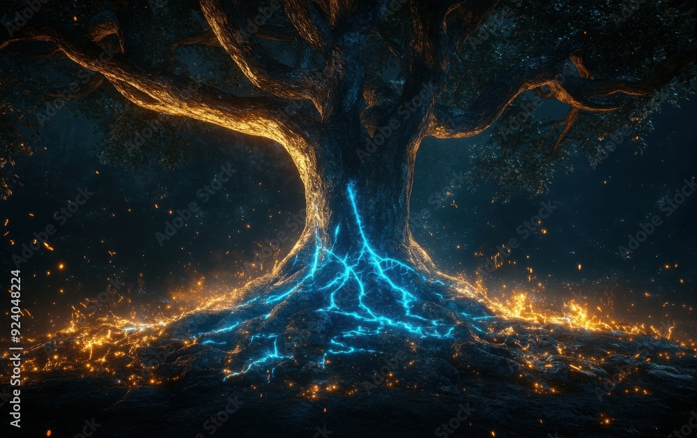 Aufkleber a large tree with glowing blue roots and branches that form an intricate network, surrounded by fire