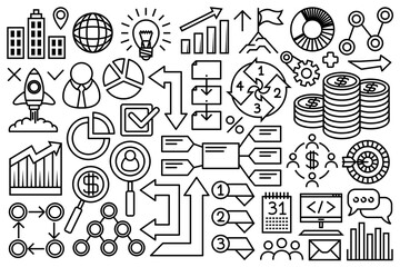 Infographic icon set. Collection wit linear graphs, charts, plans, arrows and other icons.