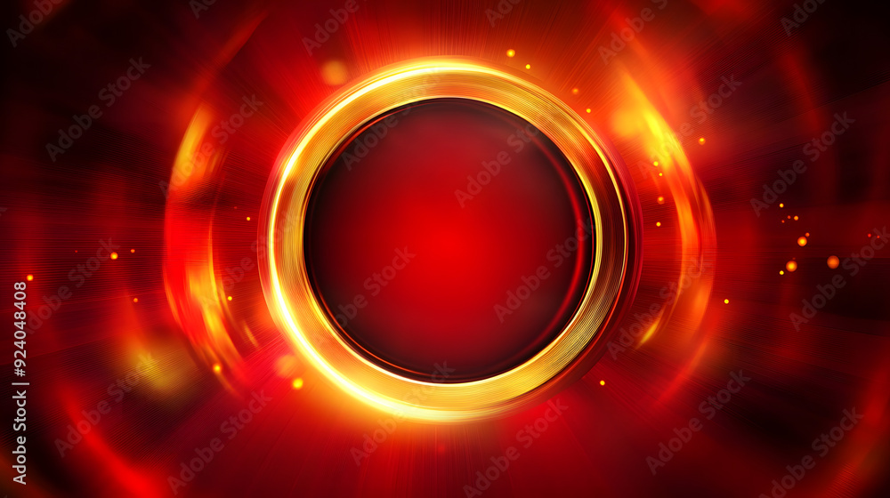 Poster golden and red circles with glowing rays abstract background