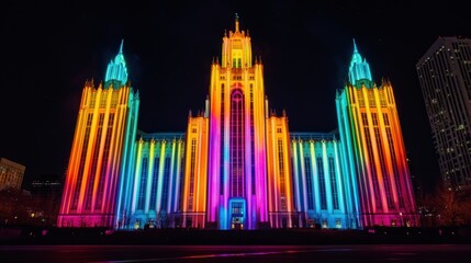 Illuminated Facade of a Historic Building with Rainbow Colors
