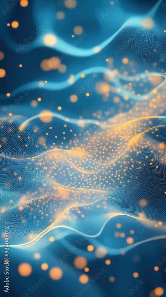 Poster digitally rendered 2d animation of swirling particles forming an intricate, harmonious pattern, with