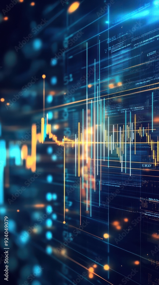 Poster digitally rendered 3d animation of dynamic financial graphs with fluctuating lines and bar charts, r