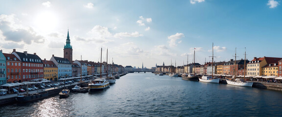 Obraz premium Scenic Waterfront with Colorful Buildings and Boats Docked Along the Canal