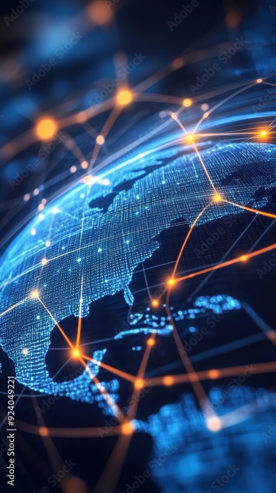 Poster digitally rendered animation of a global network map with nodes lighting up as data is transferred a