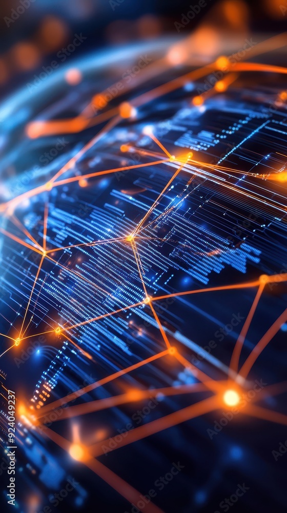 Poster digitally rendered animation of a global network map with nodes lighting up as data is transferred a