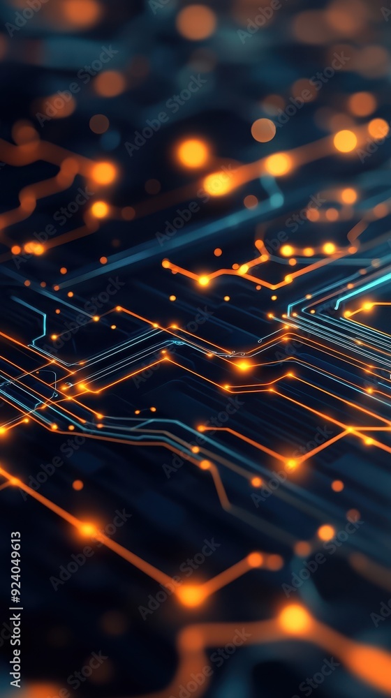 Poster futuristic 3d animation of interconnected digital nodes and circuits, smoothly to represent technolo
