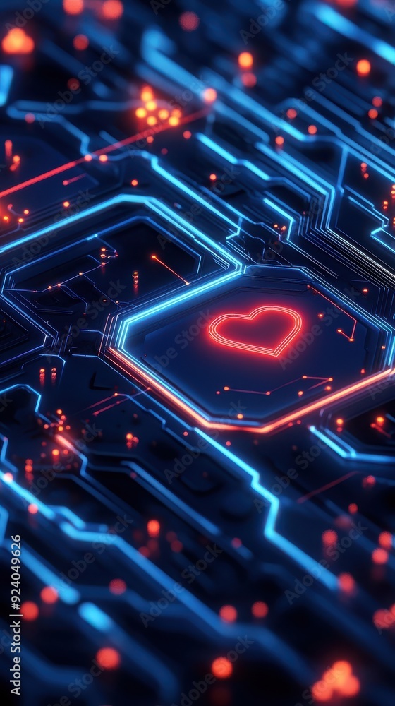 Poster futuristic 3d animation of interconnected digital nodes and circuits, smoothly to represent technolo