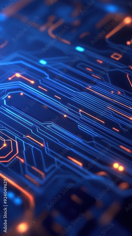 Poster futuristic 3d animation of interconnected digital nodes and circuits, smoothly to represent technolo