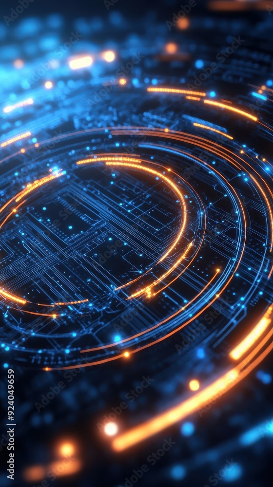 Poster futuristic 3d loop with glowing circuits and digital nodes, symbolizing advanced technology and conn