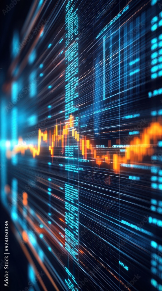 Poster hyperrealistic 3d loop of a digital stock market board with scrolling numbers and fluctuating graphs