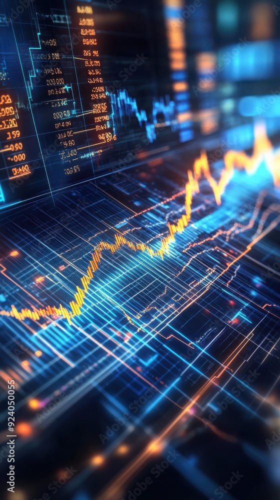 Poster hyperrealistic 3d loop of a digital stock market board with scrolling numbers and fluctuating graphs