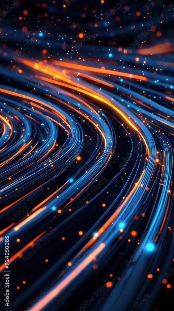 Poster hyperrealistic 3d loop of fiberoptic cables transmitting data with pulses of light traveling through