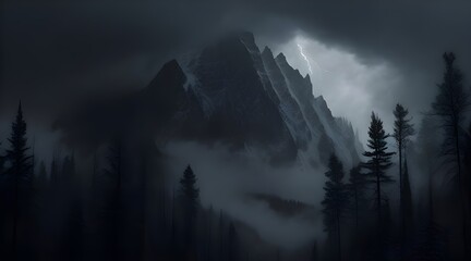 Majestic Mountain Shrouded in Storm Clouds with Lightning Strike