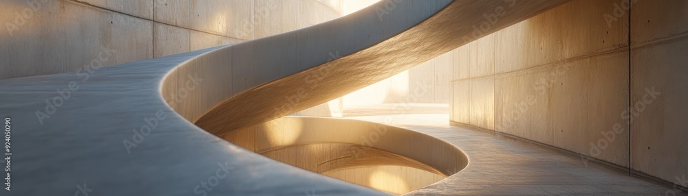 Poster abstract concrete structure with curved walls and golden light