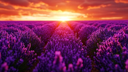 Naklejka premium A field of lavender flowers with the sun setting in the distance is a picturesque scene
