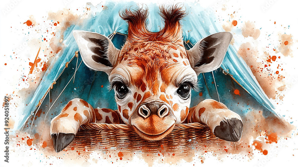 Wall mural watercolor painting of a giraffe stretching its neck into a basket with its paws gripping the edge