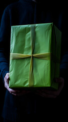Hands holding elegantly wrapped a large bright green holiday gift over a black background 
