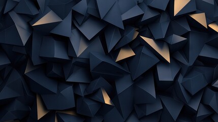   A multitude of black and golden geometric shapes seem composed of countless tiny sheets of paper