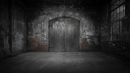   A monochrome image of a vacant space featuring a central doorway and adjacent window