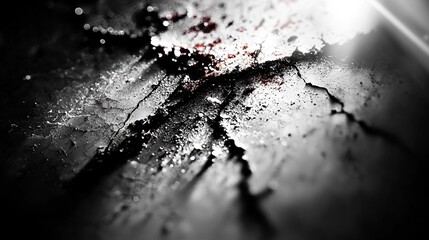   Black-and-white image of painted wooden plank with red streak