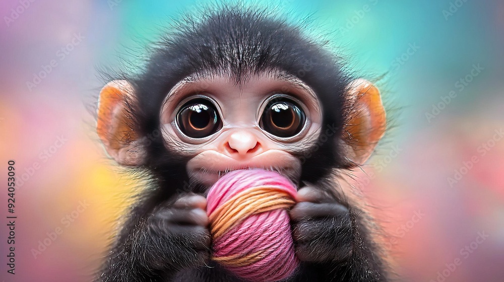 Poster close-up photo of a monkey holding two balls of yarn with one ball in its mouth