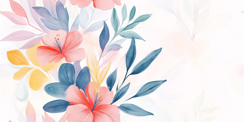 Fototapeta premium A seamless floral pattern with soft pastel-colored flowers and leaves on a light background, creating a delicate and airy feel perfect for spring-themed designs.