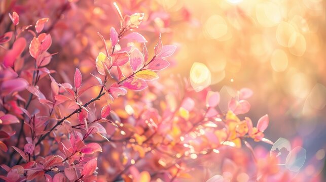Pink bush with autumn foliage in sunlight selective focus Art wallpaper